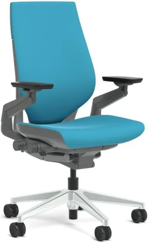 Steelcase Gesture Task Chair: Wrapped Back - Sterling Dark Solid Frame/Polished Aluminum Base/Merle Accent - Adjustable Lumbar Support - Roll Control Hard Floor Casters