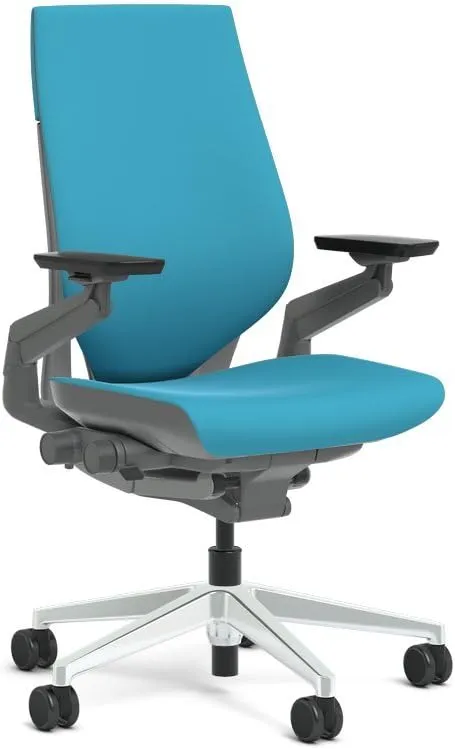 Steelcase Gesture Task Chair: Wrapped Back - Sterling Dark Solid Frame/Polished Aluminum Base/Merle Accent - Adjustable Lumbar Support - Roll Control Hard Floor Casters