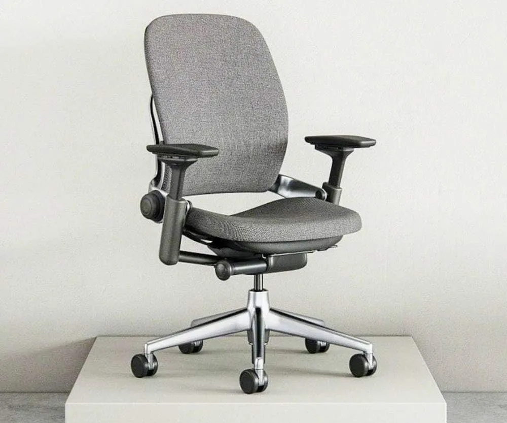 Steelcase Leap Desk Chair in Maritime Blue Elmosoft Leather L110-4-Way Highly Adjustable Arms - Polished Aluminum Frame and Base 8046 - Carpet Casters