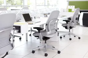 Steelcase Leap Desk Chair in Maritime Blue Elmosoft Leather L110-4-Way Highly Adjustable Arms - Polished Aluminum Frame and Base 8046 - Carpet Casters