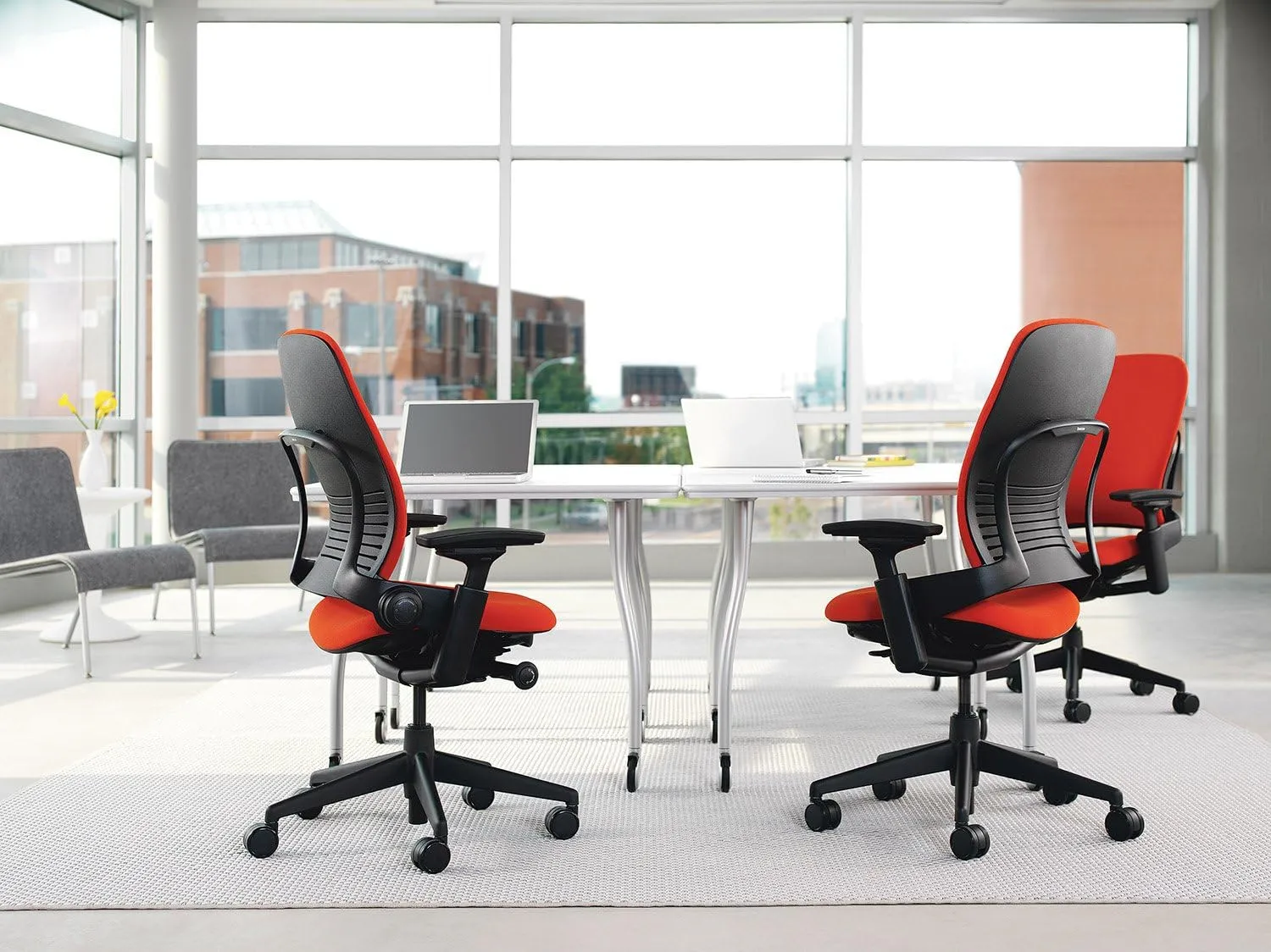 Steelcase Leap Desk Chair in Maritime Blue Elmosoft Leather L110-4-Way Highly Adjustable Arms - Polished Aluminum Frame and Base 8046 - Carpet Casters