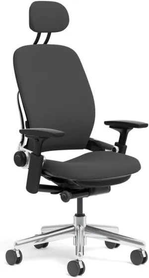 Steelcase Leap Task Chair: Polished Aluminum Base - 4D Adjustable Arms - Headrest - Standard Carpet Casters