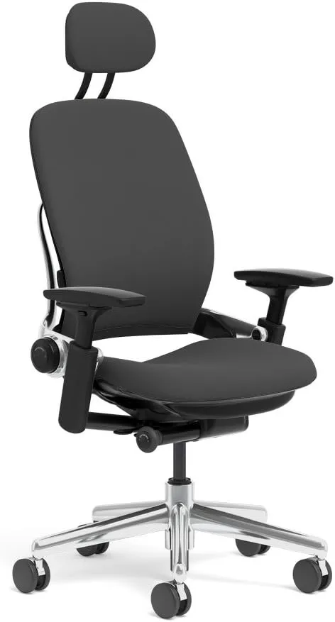 Steelcase Leap Task Chair: Polished Aluminum Base - 4D Adjustable Arms - Headrest - Standard Carpet Casters