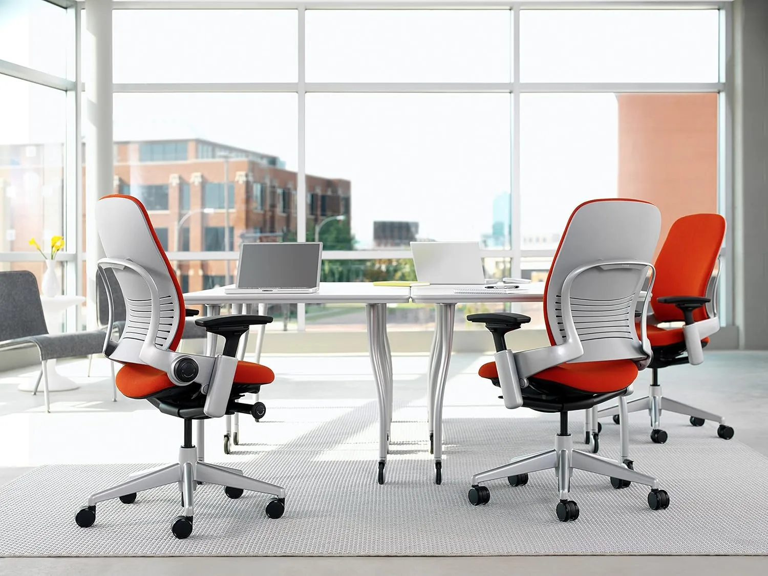 Steelcase Leap Task Chair: Polished Aluminum Base - Armless - Headrest - Standard Carpet Casters