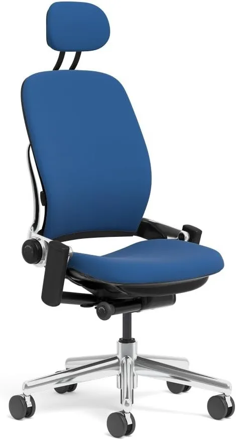 Steelcase Leap Task Chair: Polished Aluminum Base - Armless - Headrest - Standard Carpet Casters