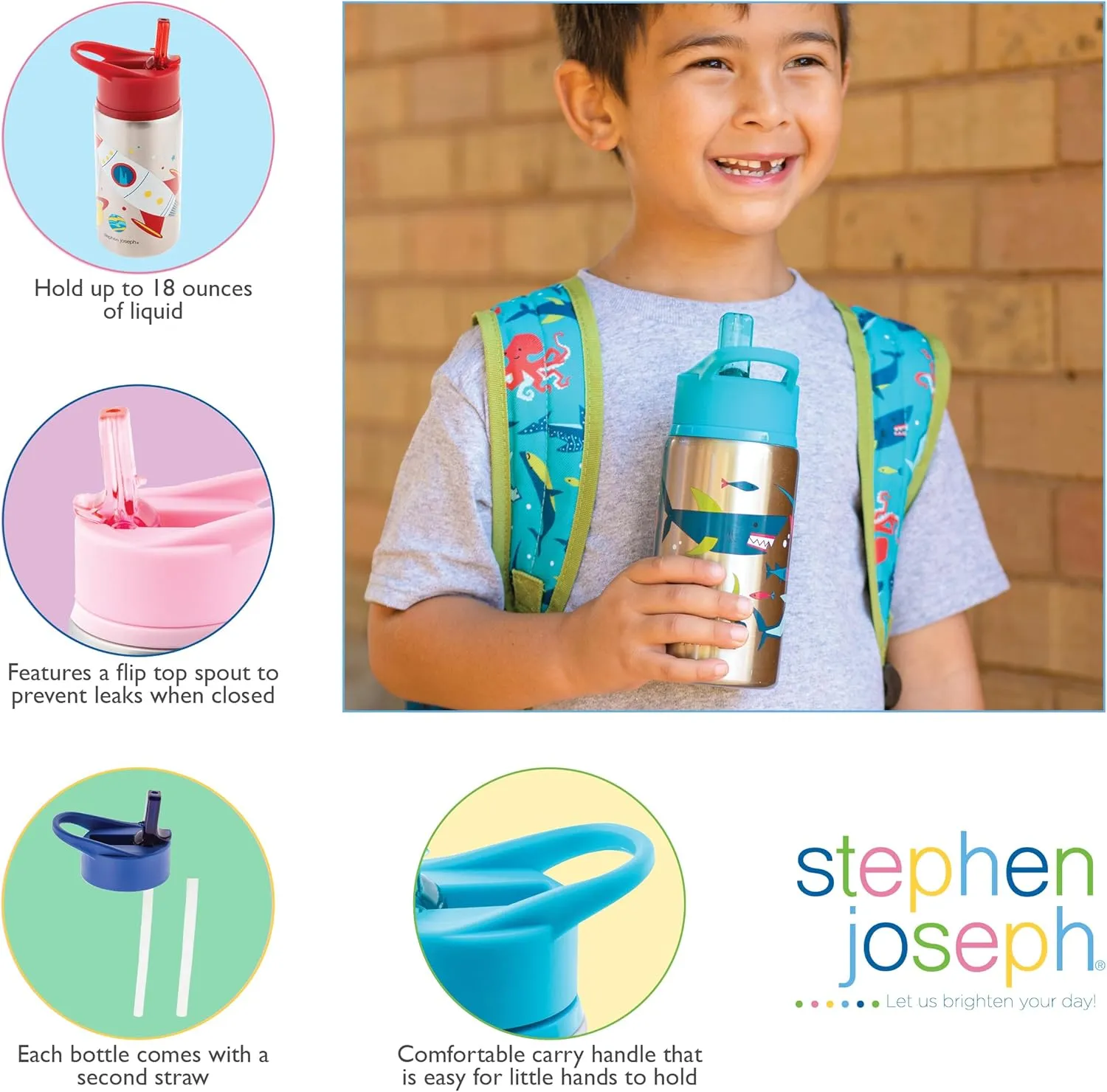 Stephen Joseph Stainless Steel Water Bottles, 18 OZ, Straw lid, Reusable tumbler, Insulated, Space