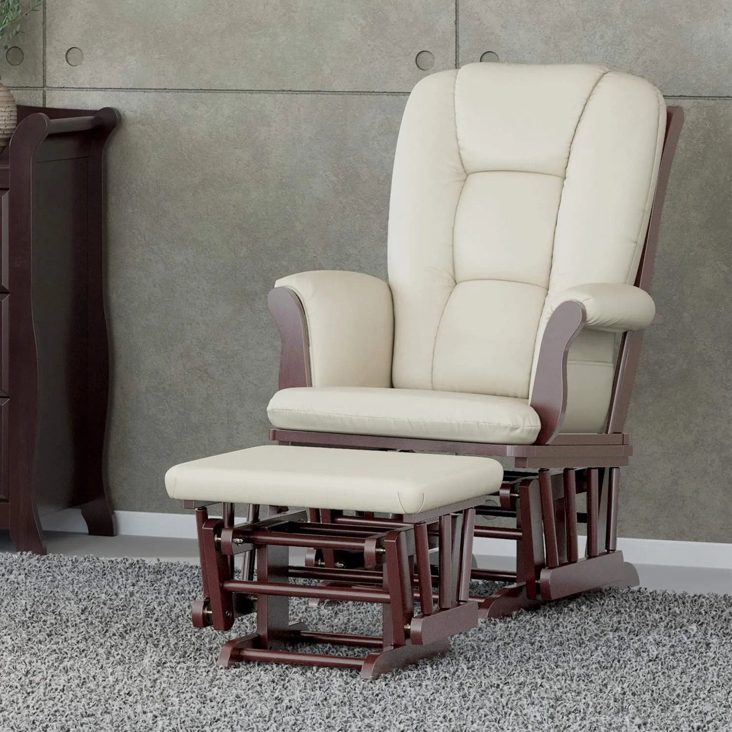 Storkcraft Tuscany Custom Glider and Ottoman with Free Lumbar Pillow (Espresso/Beige) - Cleanable Upholstered Comfort Rocking Nursery Chair with Ottoman