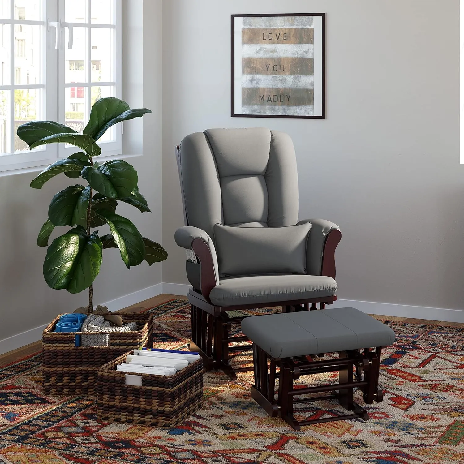 Storkcraft Tuscany Custom Glider and Ottoman with Free Lumbar Pillow (Espresso/Grey) - Cleanable Upholstered Comfort Rocking Nursery Chair with Ottoman