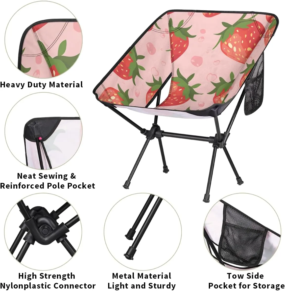 Strawberry Camping Chair Summer Fruits Strawberry Lightweight Folding Chair Portable Compact for Outdoor, Travel, Beach, Hiking Backpacking