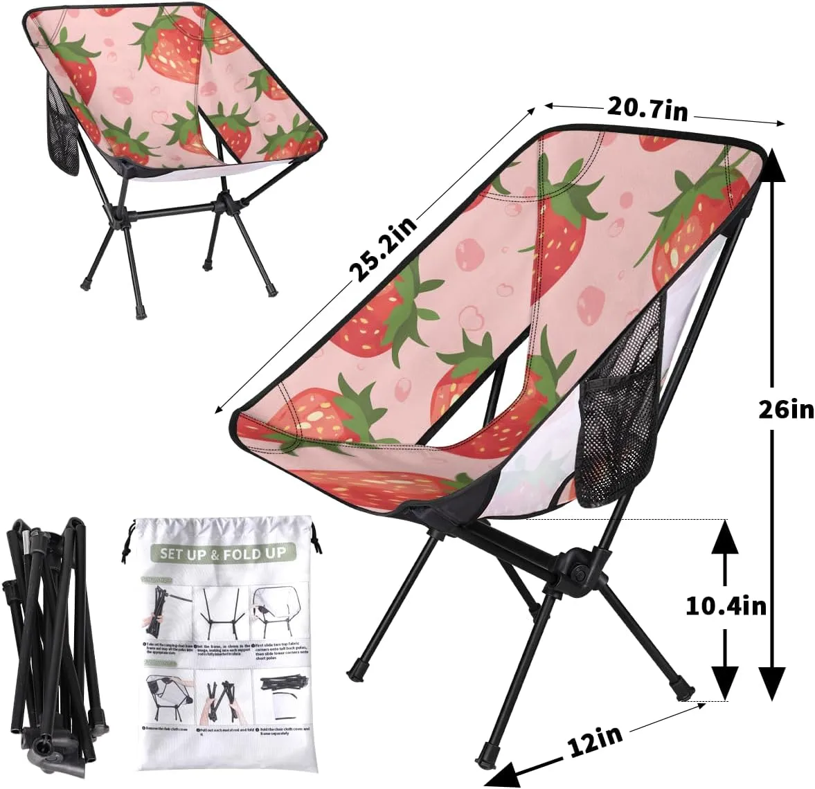 Strawberry Camping Chair Summer Fruits Strawberry Lightweight Folding Chair Portable Compact for Outdoor, Travel, Beach, Hiking Backpacking