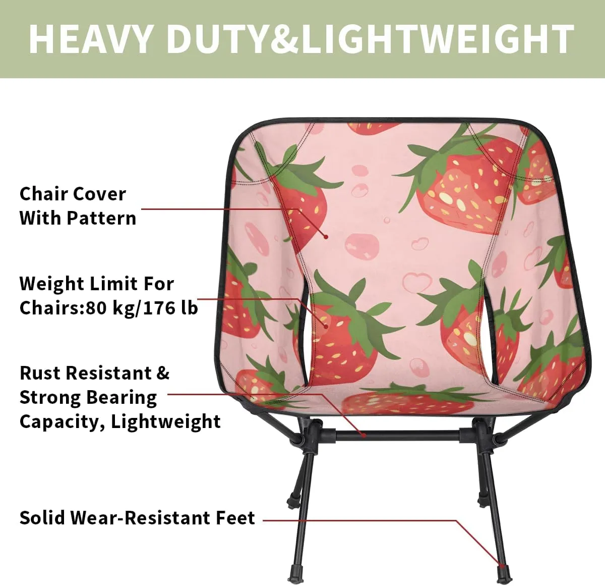 Strawberry Camping Chair Summer Fruits Strawberry Lightweight Folding Chair Portable Compact for Outdoor, Travel, Beach, Hiking Backpacking