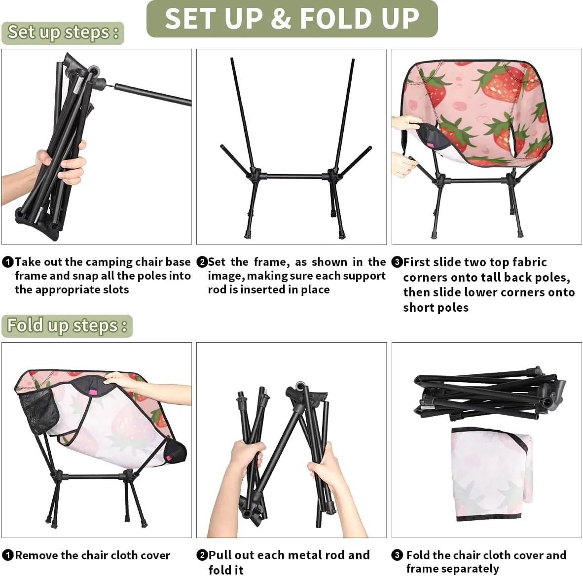 Strawberry Camping Chair Summer Fruits Strawberry Lightweight Folding Chair Portable Compact for Outdoor, Travel, Beach, Hiking Backpacking