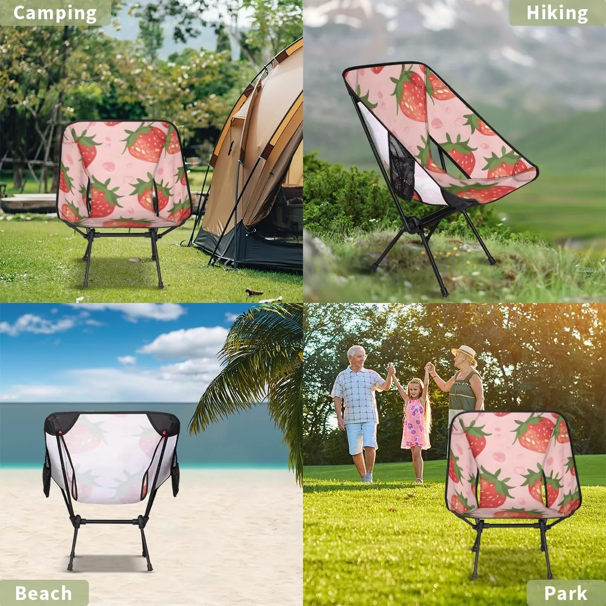 Strawberry Camping Chair Summer Fruits Strawberry Lightweight Folding Chair Portable Compact for Outdoor, Travel, Beach, Hiking Backpacking