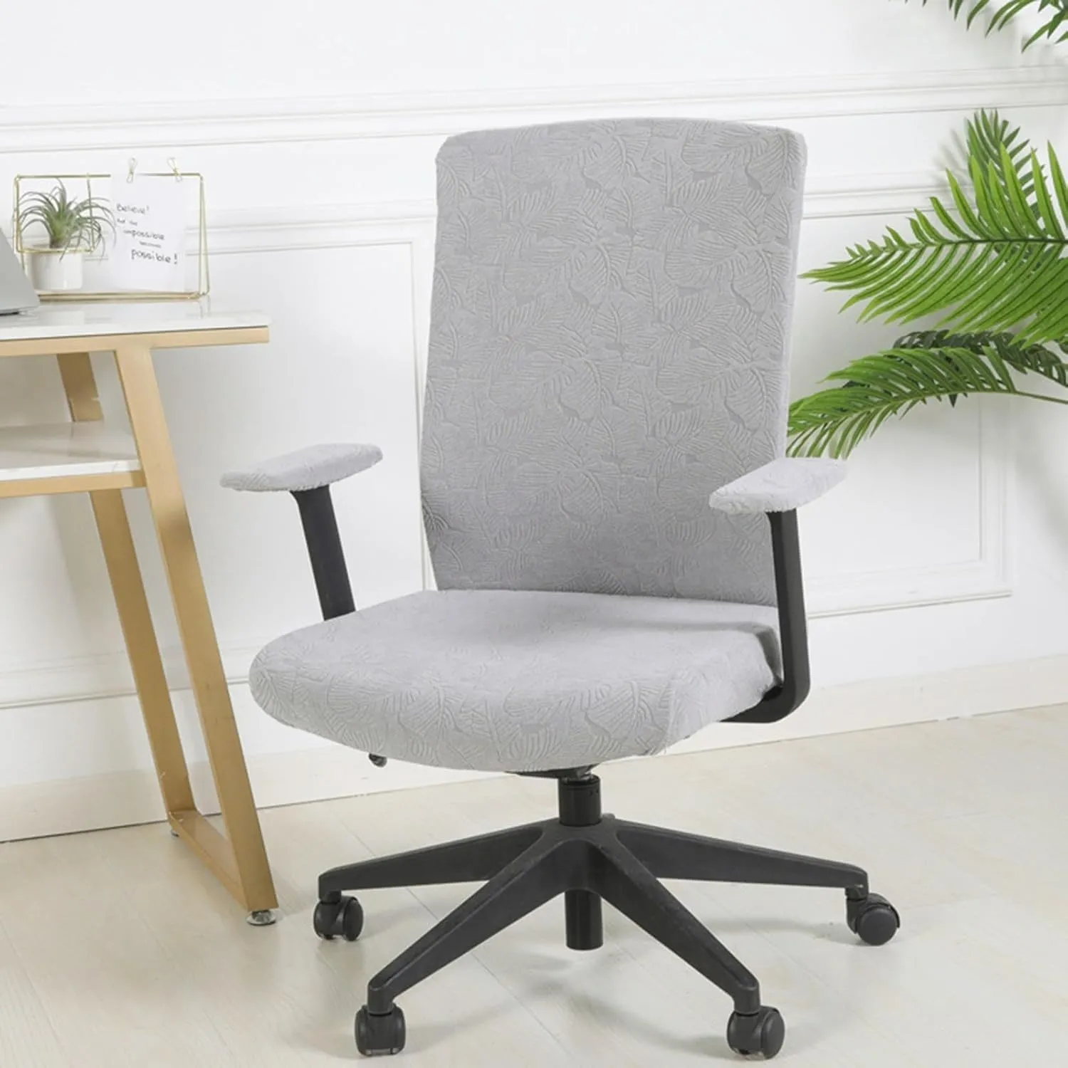 Stretchable Jacquard Office Chair Covers with Armrest Covers - Non-Slip Washable Swivel Chair Protector for Office/Dining/Bar(H)