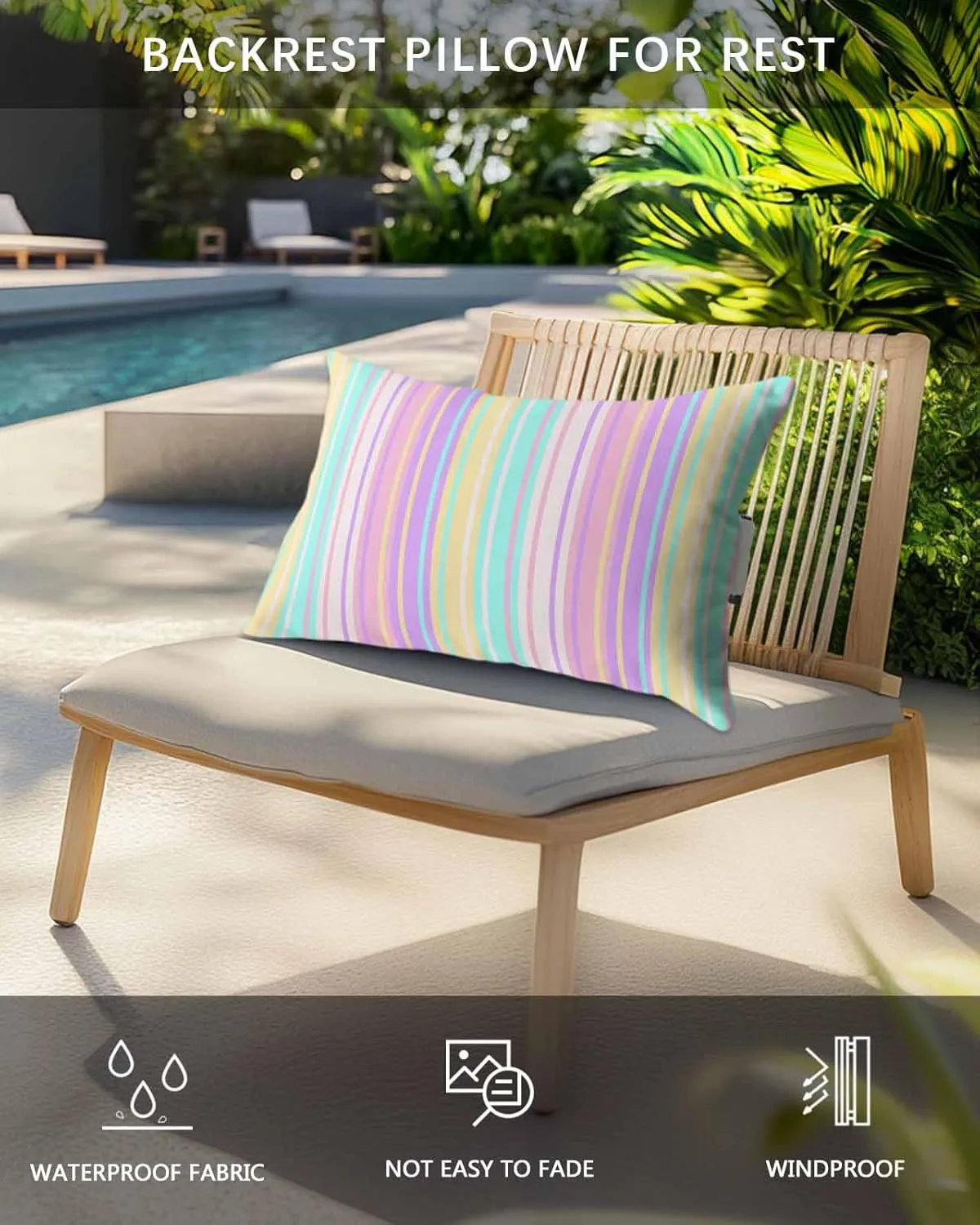 Striped Outdoor Head Resting Pillows with Insert Modern Colorful Striped Yellow Stripe Simple 2 Pack Waterproof Lumbar Pillows with Adjustable Elastic Strap for Patio Chaise Beach Chair, 12”x20”