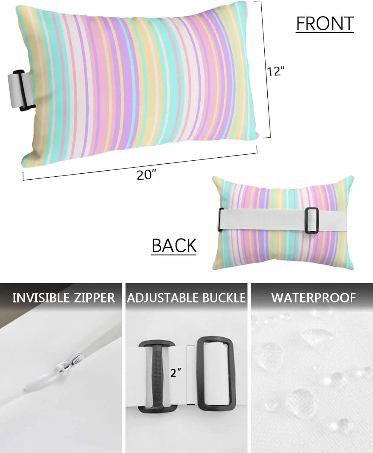 Striped Outdoor Head Resting Pillows with Insert Modern Colorful Striped Yellow Stripe Simple 2 Pack Waterproof Lumbar Pillows with Adjustable Elastic Strap for Patio Chaise Beach Chair, 12”x20”