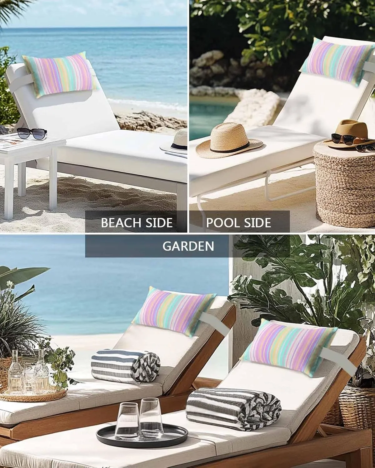 Striped Outdoor Head Resting Pillows with Insert Modern Colorful Striped Yellow Stripe Simple 2 Pack Waterproof Lumbar Pillows with Adjustable Elastic Strap for Patio Chaise Beach Chair, 12”x20”
