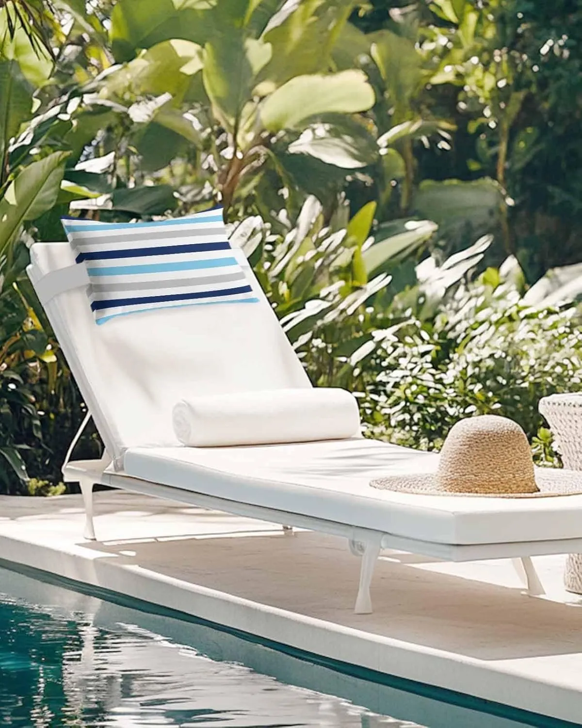 Striped Outdoor Head Resting Pillows with Insert Navy Blue Light Blue White Modern Minimalist Lines 2 Pack Waterproof Lumbar Pillows with Adjustable Elastic Strap for Patio Chaise Beach Chair, 12”x20”