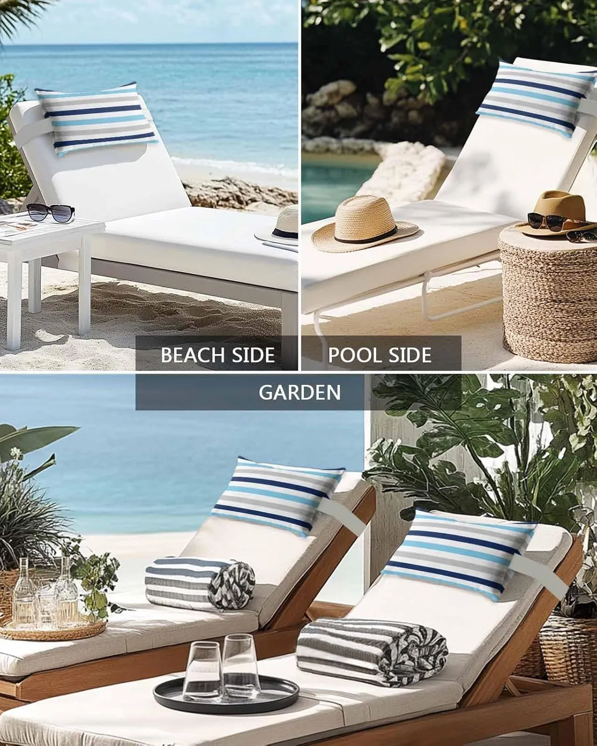 Striped Outdoor Head Resting Pillows with Insert Navy Blue Light Blue White Modern Minimalist Lines 2 Pack Waterproof Lumbar Pillows with Adjustable Elastic Strap for Patio Chaise Beach Chair, 12”x20”