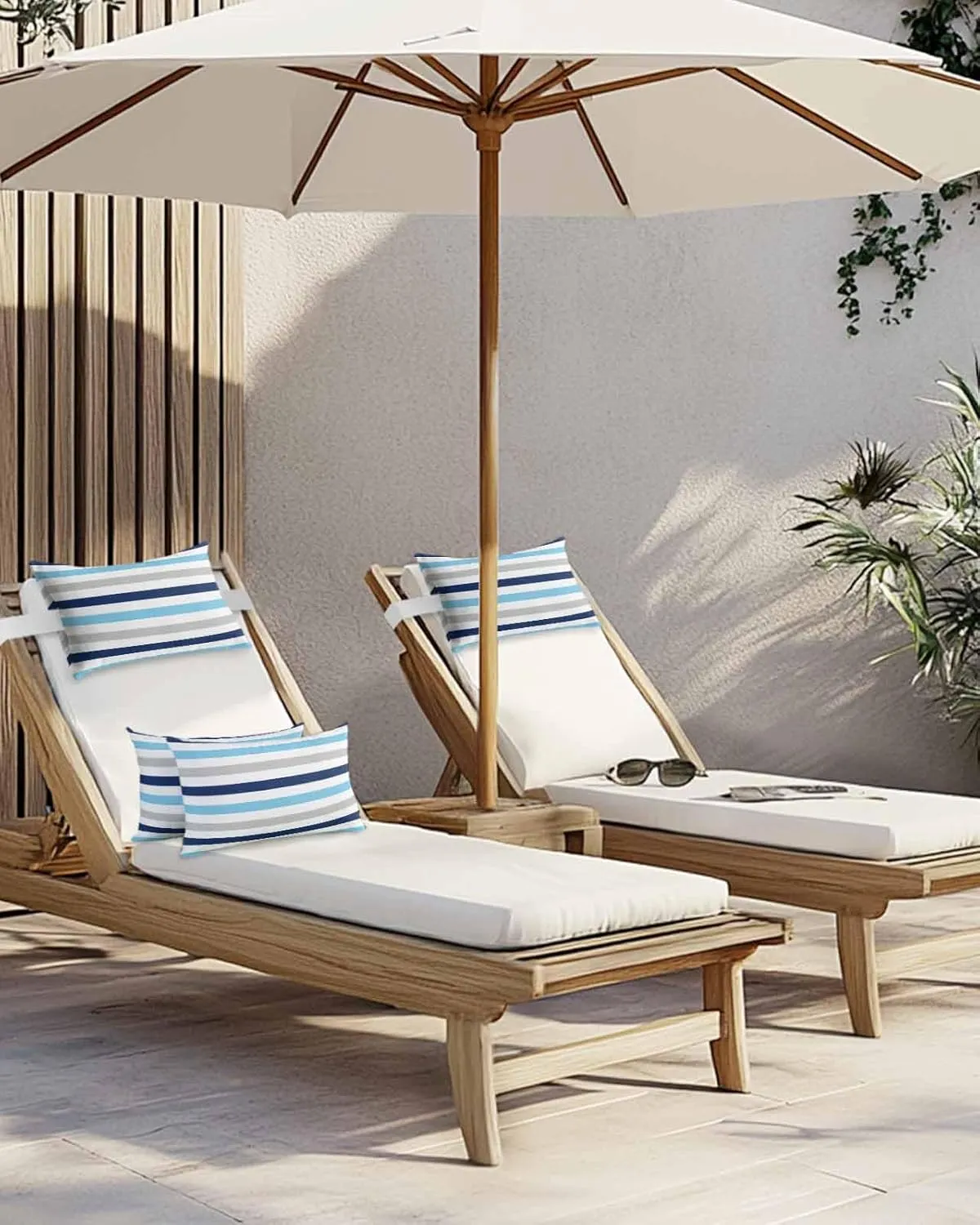 Striped Outdoor Head Resting Pillows with Insert Navy Blue Light Blue White Modern Minimalist Lines 2 Pack Waterproof Lumbar Pillows with Adjustable Elastic Strap for Patio Chaise Beach Chair, 12”x20”