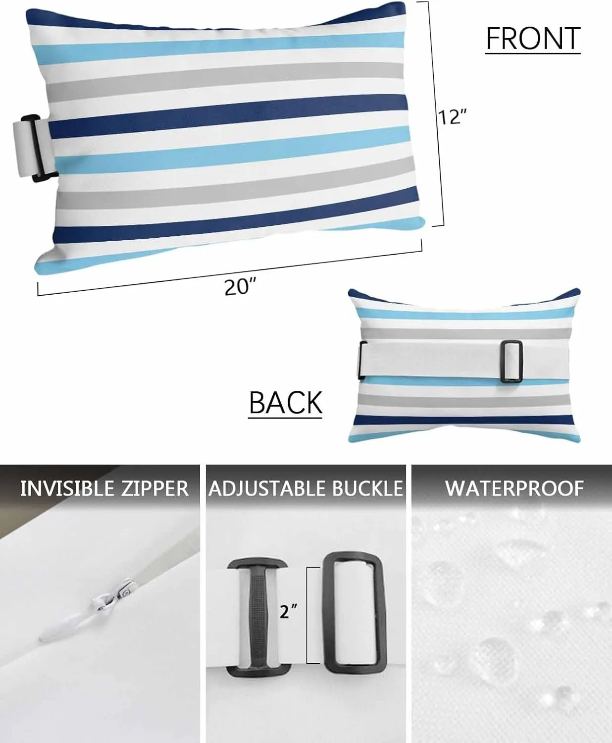 Striped Outdoor Head Resting Pillows with Insert Navy Blue Light Blue White Modern Minimalist Lines 2 Pack Waterproof Lumbar Pillows with Adjustable Elastic Strap for Patio Chaise Beach Chair, 12”x20”
