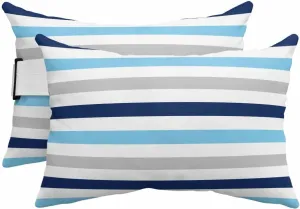Striped Outdoor Head Resting Pillows with Insert Navy Blue Light Blue White Modern Minimalist Lines 2 Pack Waterproof Lumbar Pillows with Adjustable Elastic Strap for Patio Chaise Beach Chair, 12”x20”