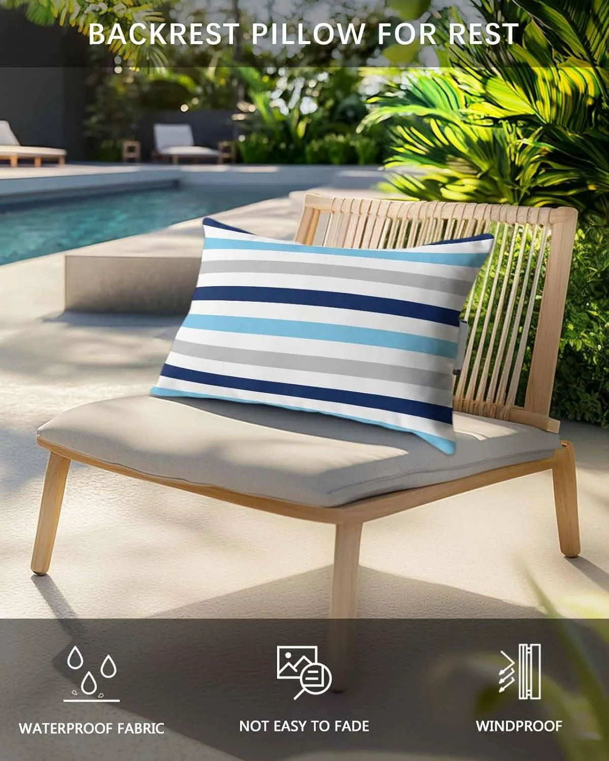 Striped Outdoor Head Resting Pillows with Insert Navy Blue Light Blue White Modern Minimalist Lines 2 Pack Waterproof Lumbar Pillows with Adjustable Elastic Strap for Patio Chaise Beach Chair, 12”x20”