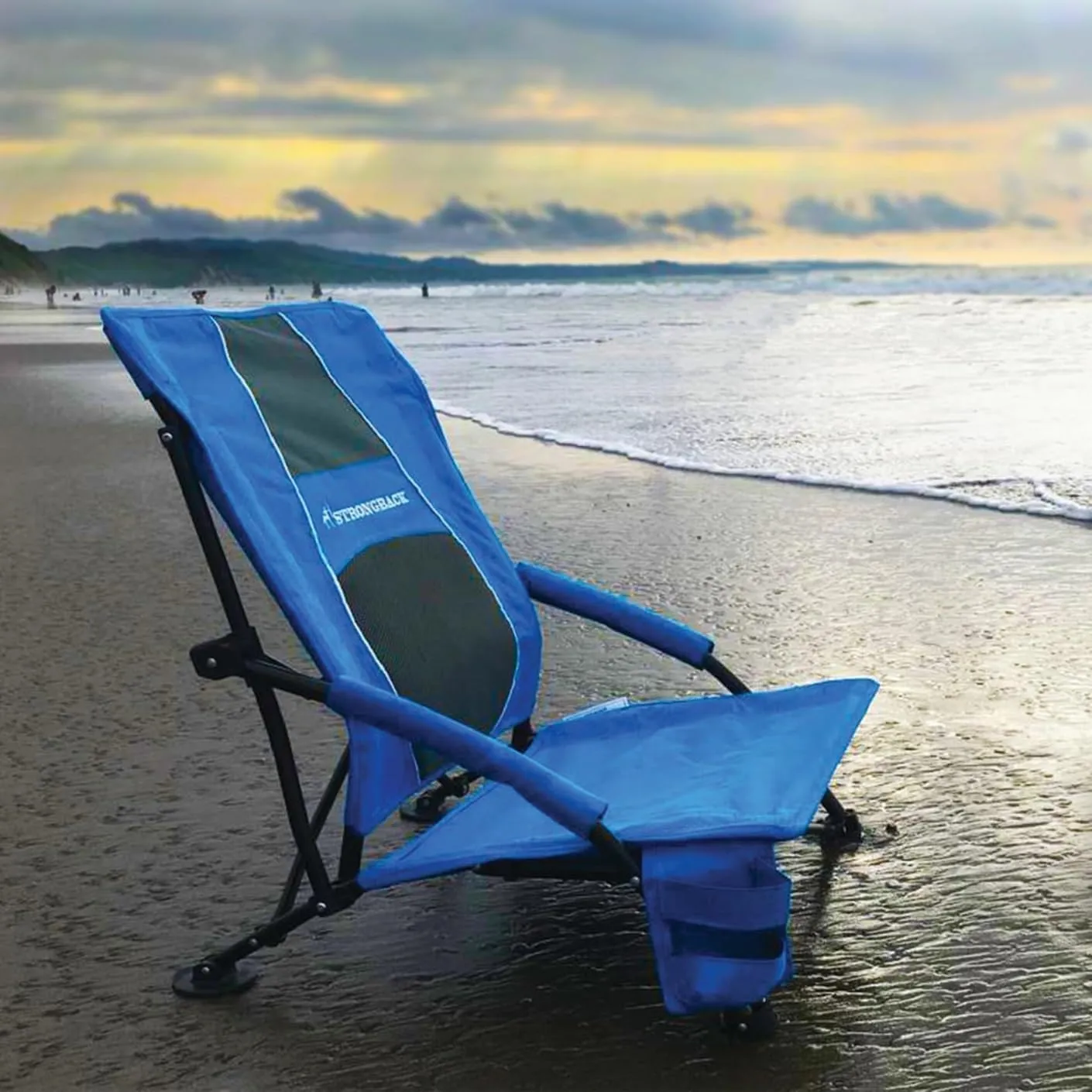 STRONGBACK Low Gravity Beach Chair with Built-in Lumbar Back Support - Heavy Duty Portable Folding Beach Chair for Adults - Blue