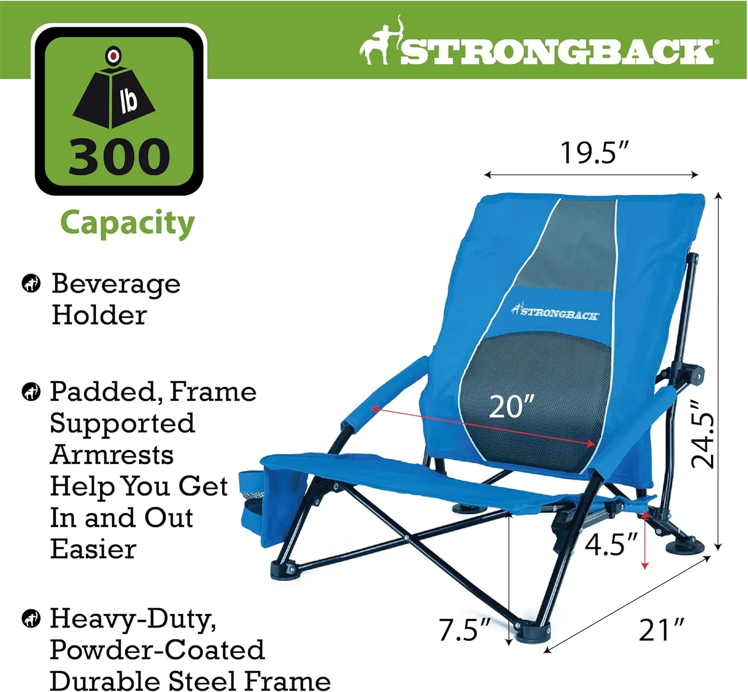 STRONGBACK Low Gravity Beach Chair with Built-in Lumbar Back Support - Heavy Duty Portable Folding Beach Chair for Adults - Blue