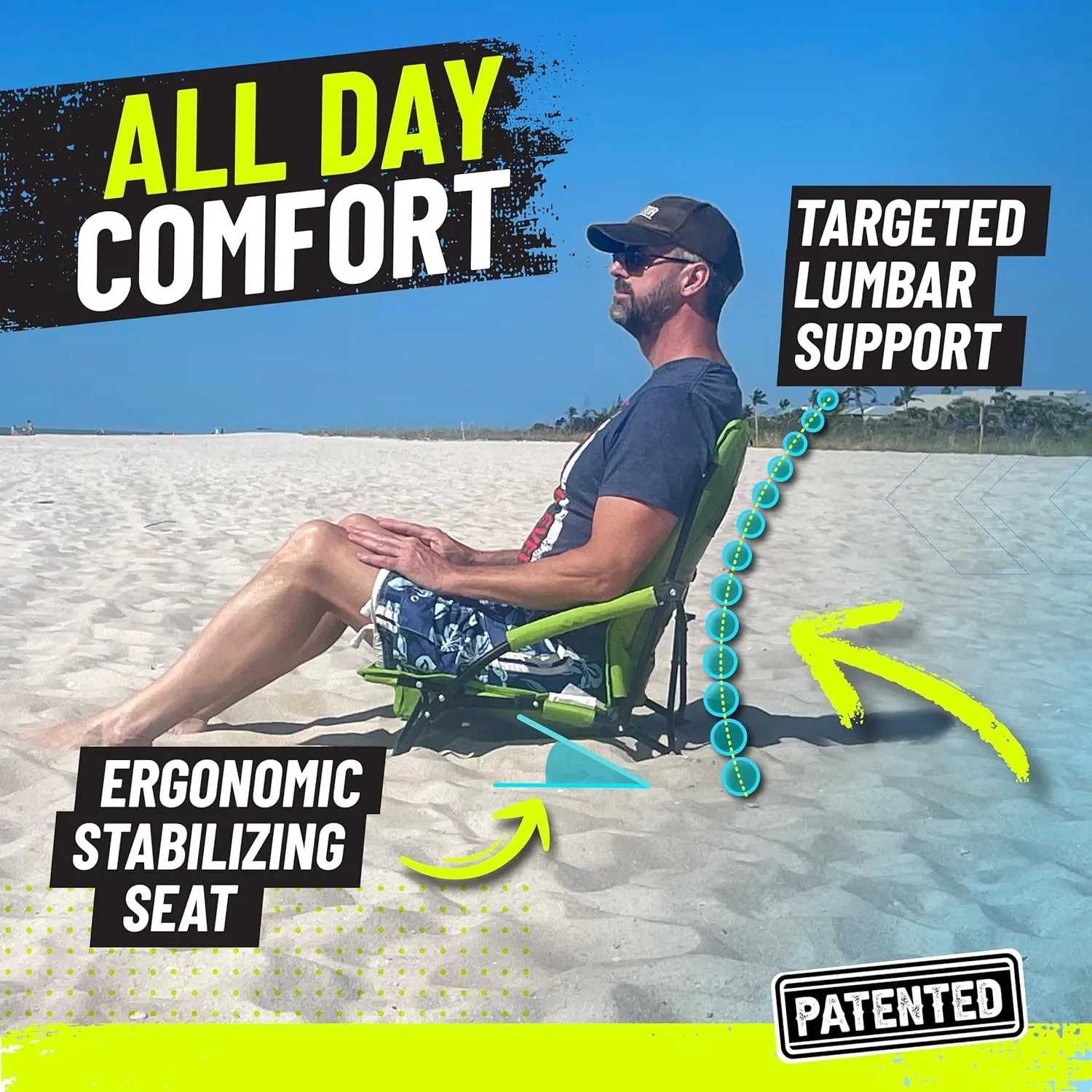 STRONGBACK Low Gravity Beach Chair with Built-in Lumbar Back Support - Heavy Duty Portable Folding Beach Chair for Adults - Camo