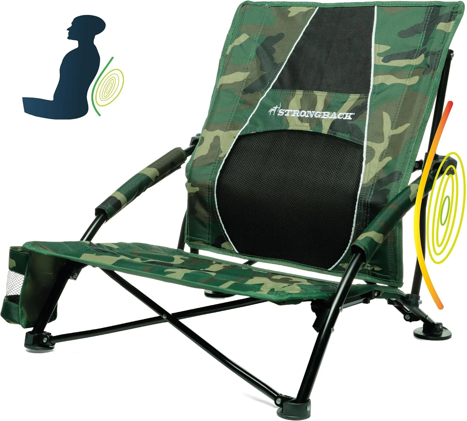 STRONGBACK Low Gravity Beach Chair with Built-in Lumbar Back Support - Heavy Duty Portable Folding Beach Chair for Adults - Camo