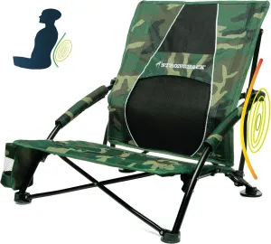 STRONGBACK Low Gravity Beach Chair with Built-in Lumbar Back Support - Heavy Duty Portable Folding Beach Chair for Adults - Camo
