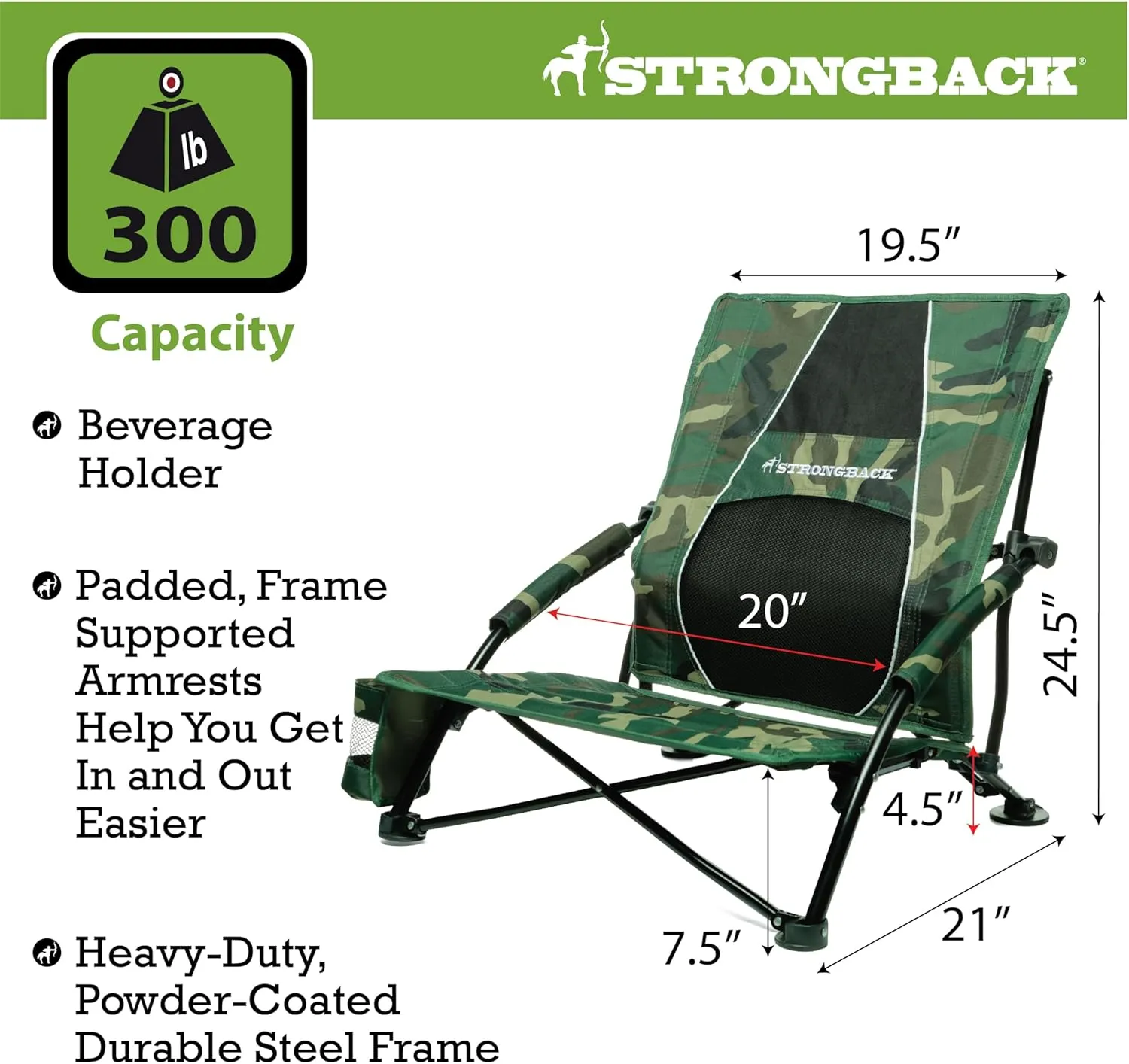 STRONGBACK Low Gravity Beach Chair with Built-in Lumbar Back Support - Heavy Duty Portable Folding Beach Chair for Adults - Camo