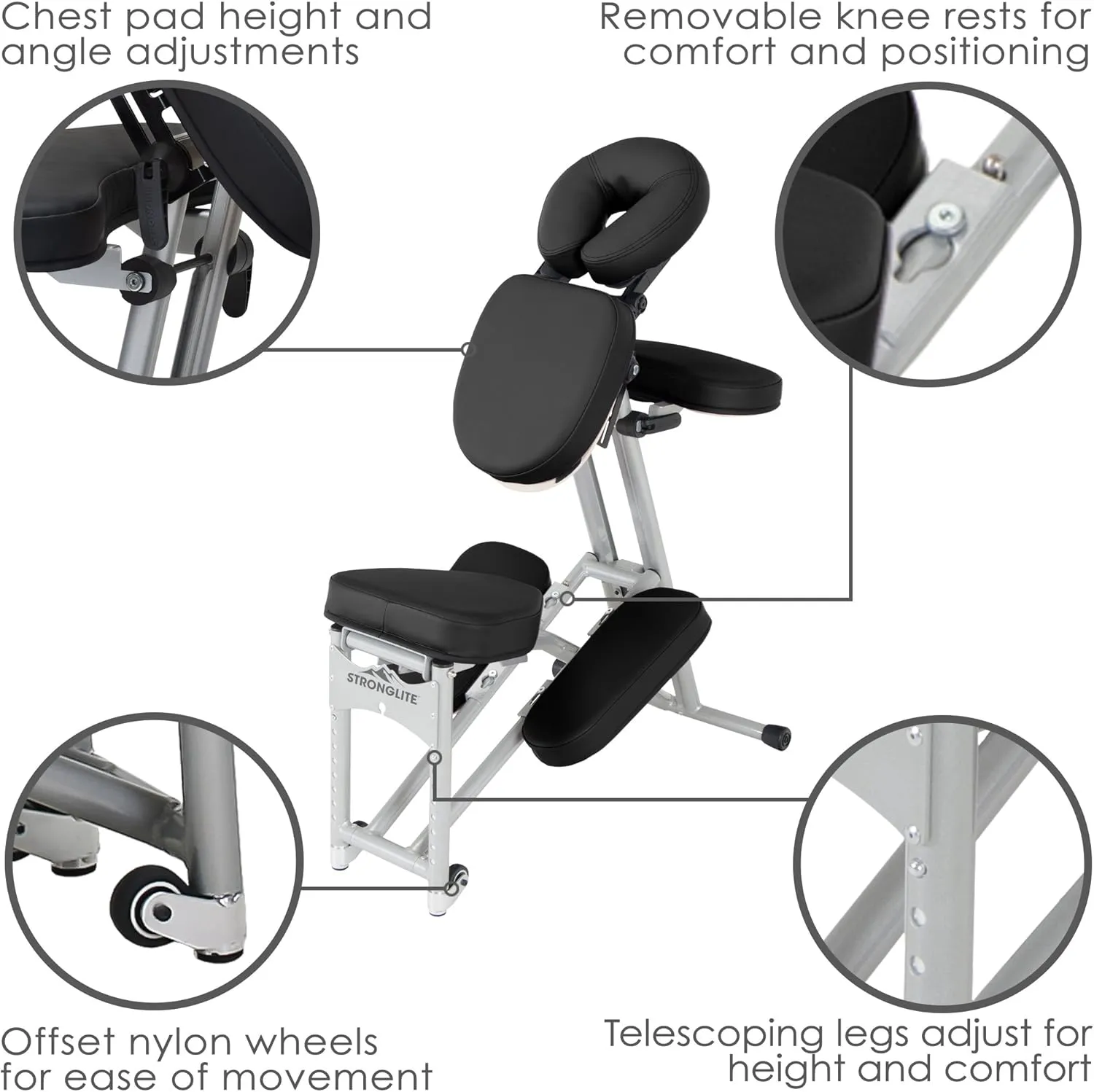 STRONGLITE Portable Massage Chair Ergo Pro II - Ultra-Strong, Lightweight, Foldable Tattoo Spa Chair with Wheels & Carry Case (600lbs Working Weight), Black