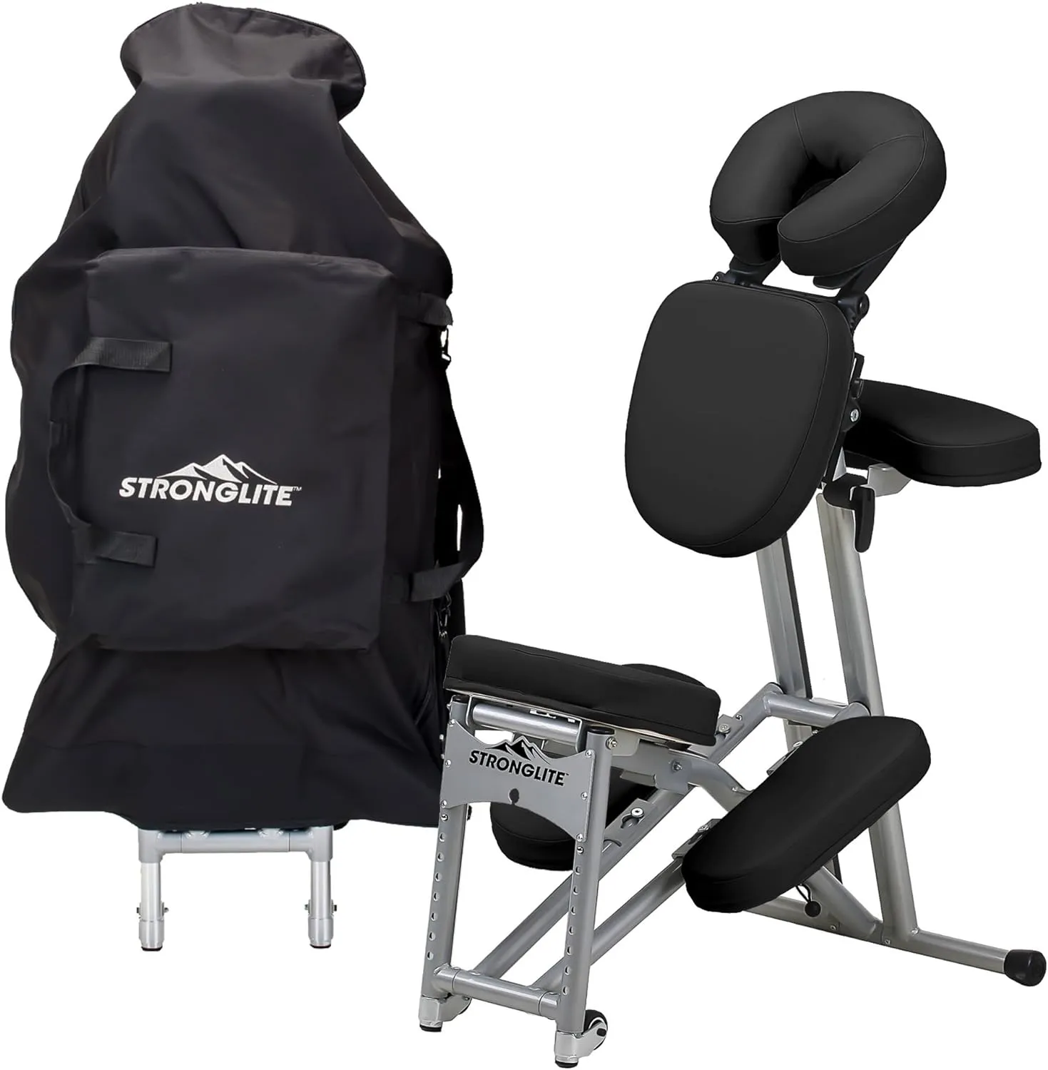 STRONGLITE Portable Massage Chair Ergo Pro II - Ultra-Strong, Lightweight, Foldable Tattoo Spa Chair with Wheels & Carry Case (600lbs Working Weight), Black