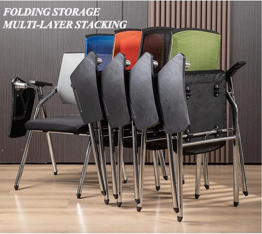 Student Chair with Desk Attached, Mesh Office Chair with Lumbar Support, Foldable Computer Desk Chair with Tablet Arm Writing Board and Cup Holder Metal Frame Backrest Table Chair (Color : Black)