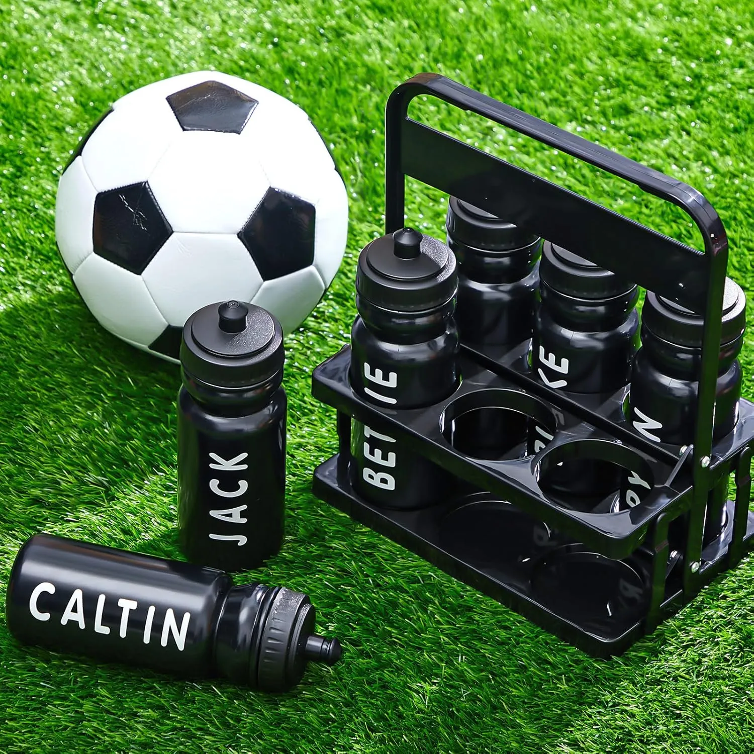 Suclain 7 Pcs Water Bottle Carrier with 20 Oz Bottles and Stickers Plastic Wide Mouth Sports Water Bottle Squeeze Team Bottles with Black Lid for Fitness Bike Gym (Black)