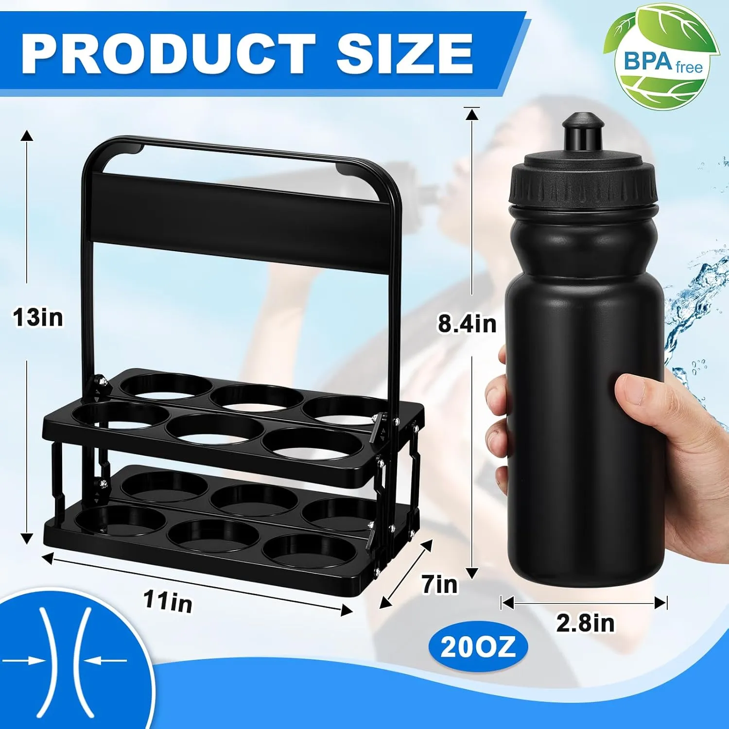Suclain 7 Pcs Water Bottle Carrier with 20 Oz Bottles and Stickers Plastic Wide Mouth Sports Water Bottle Squeeze Team Bottles with Black Lid for Fitness Bike Gym (Black)