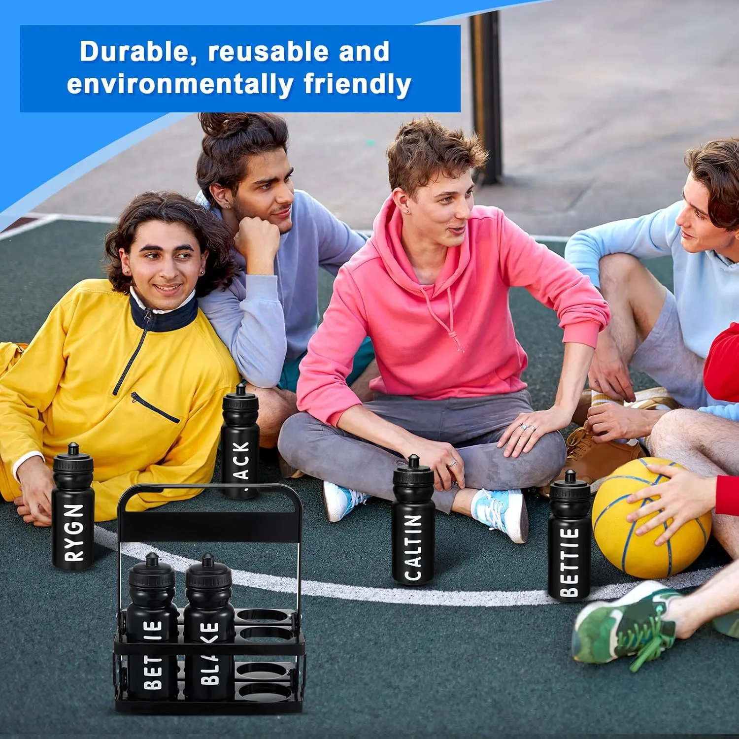 Suclain 7 Pcs Water Bottle Carrier with 20 Oz Bottles and Stickers Plastic Wide Mouth Sports Water Bottle Squeeze Team Bottles with Black Lid for Fitness Bike Gym (Black)