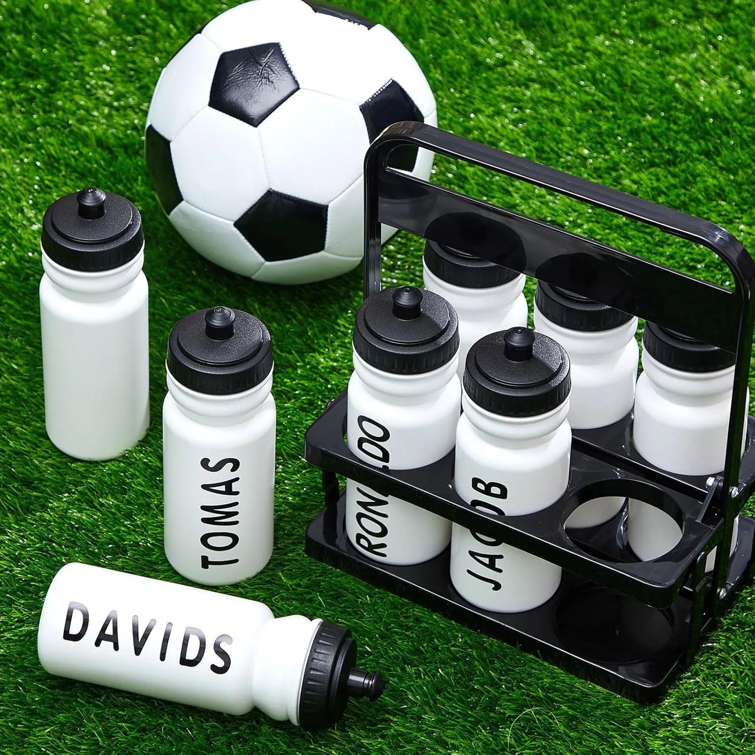 Suclain Water Bottle Carrier with 20 Oz 6 Bottles and 2 Stickers Plastic Wide Mouth Sports Water Bottle Squeeze Team Water Bottles with Black Lid for Fitness Bike Gym(White)