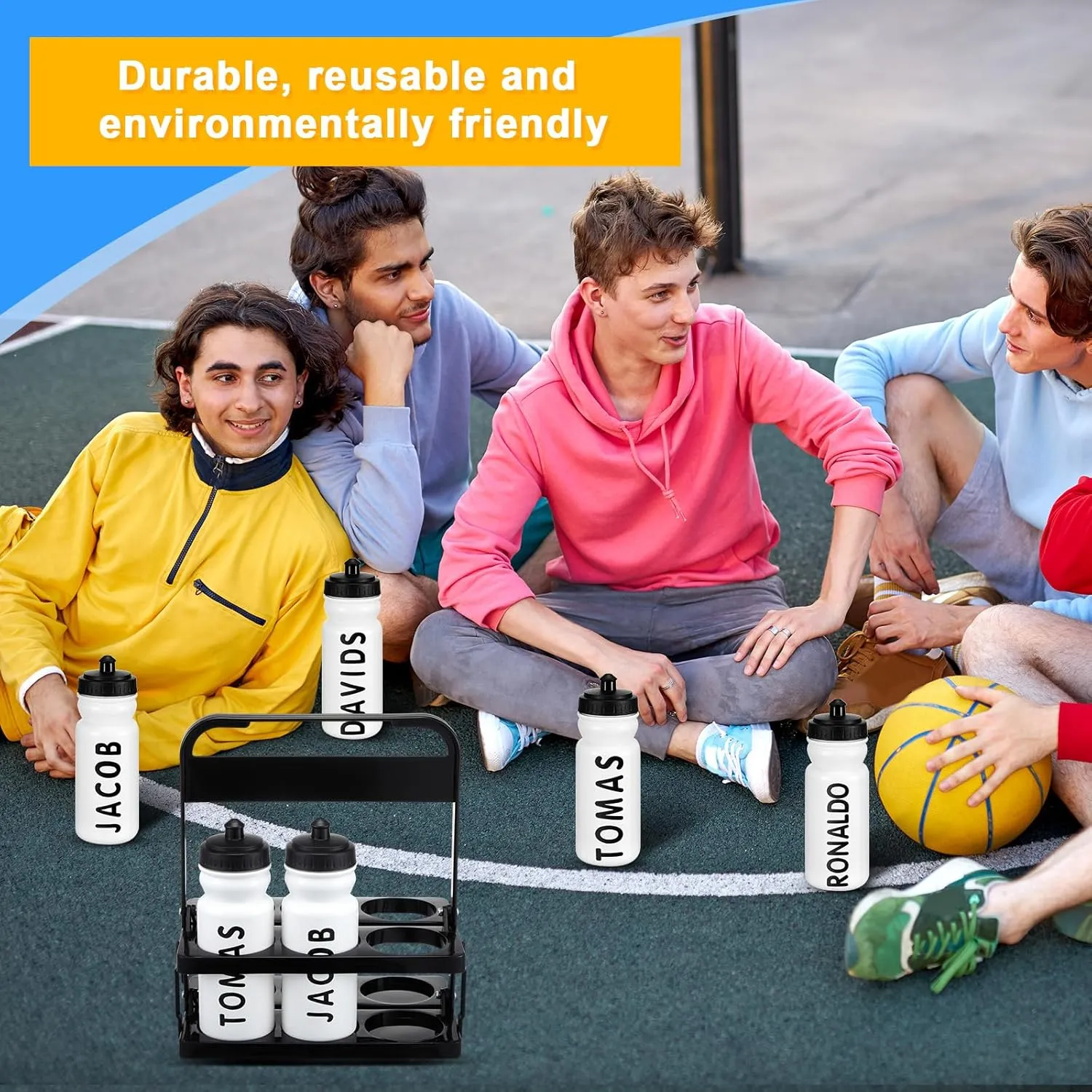 Suclain Water Bottle Carrier with 20 Oz 6 Bottles and 2 Stickers Plastic Wide Mouth Sports Water Bottle Squeeze Team Water Bottles with Black Lid for Fitness Bike Gym(White)