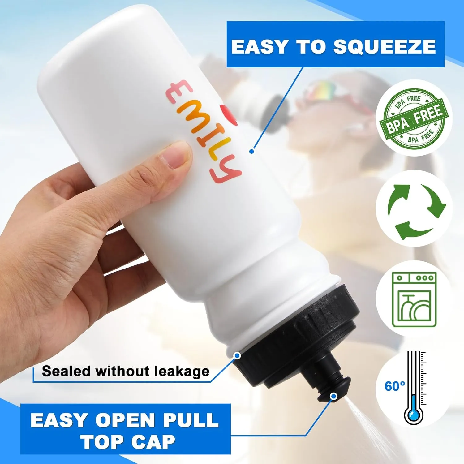 Suclain Water Bottle Carrier with 20 Oz 6 Bottles and 2 Stickers Plastic Wide Mouth Sports Water Bottle Squeeze Team Water Bottles with Black Lid for Fitness Bike Gym(White)