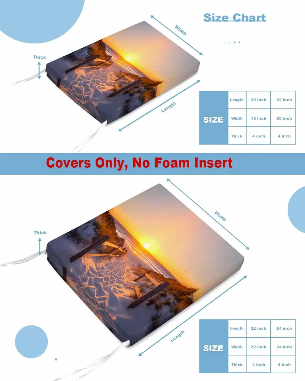 Summer Beach Outdoor Cushion Chair Cover Set of 2 - Waterproof Couch Seat Covers, Sunset Nautical Ocean Sea Patio Furniture Protector Cushions Slipcovers for Sofa/RV, 22"x22"x4"