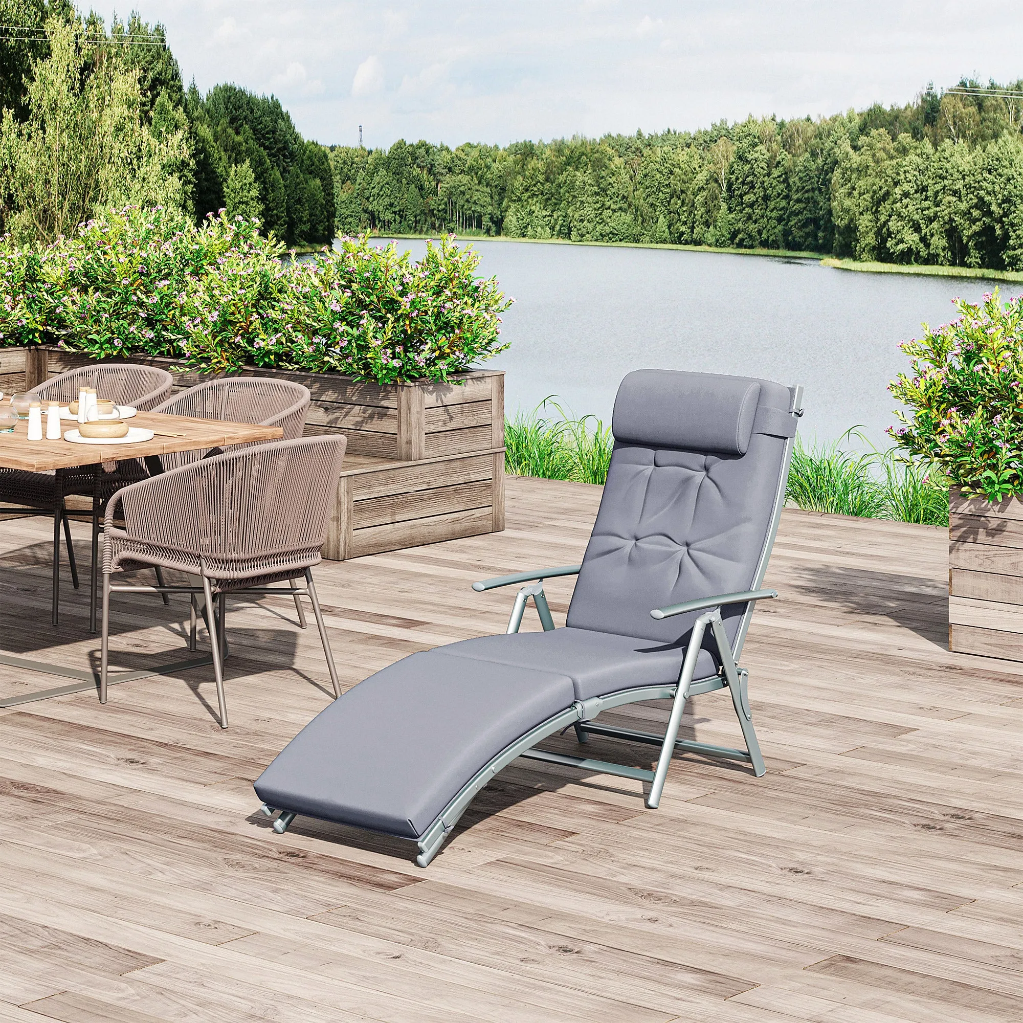 Sun Lounger Steel Frame Outdoor Folding Chaise Texteline Lounge Chair Recliner with Headrest & 7 Levels Adjustable Backrest, Grey