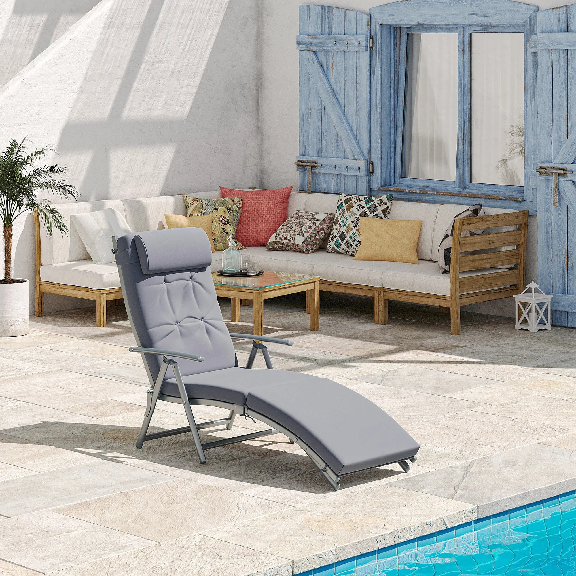 Sun Lounger Steel Frame Outdoor Folding Chaise Texteline Lounge Chair Recliner with Headrest & 7 Levels Adjustable Backrest, Grey