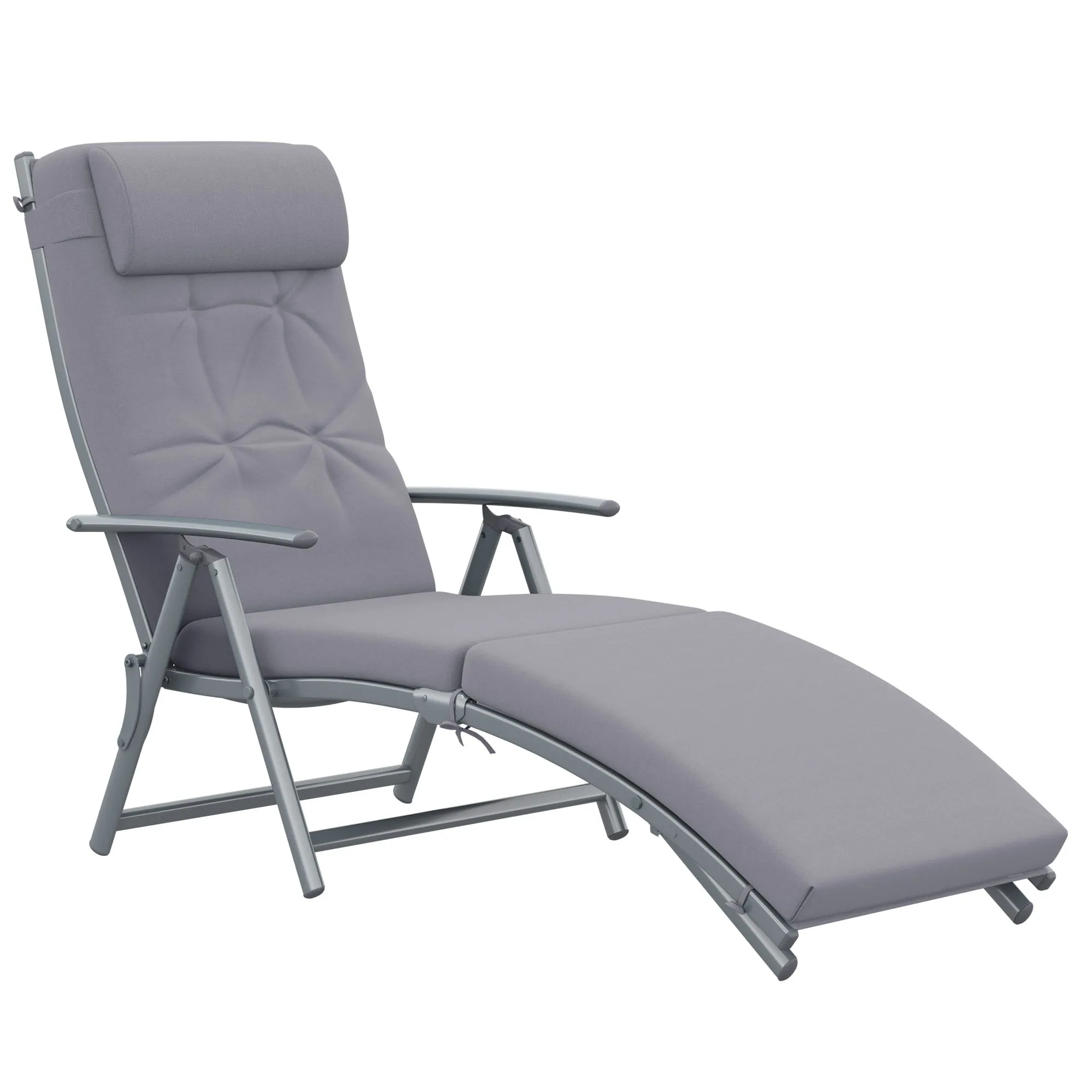 Sun Lounger Steel Frame Outdoor Folding Chaise Texteline Lounge Chair Recliner with Headrest & 7 Levels Adjustable Backrest, Grey