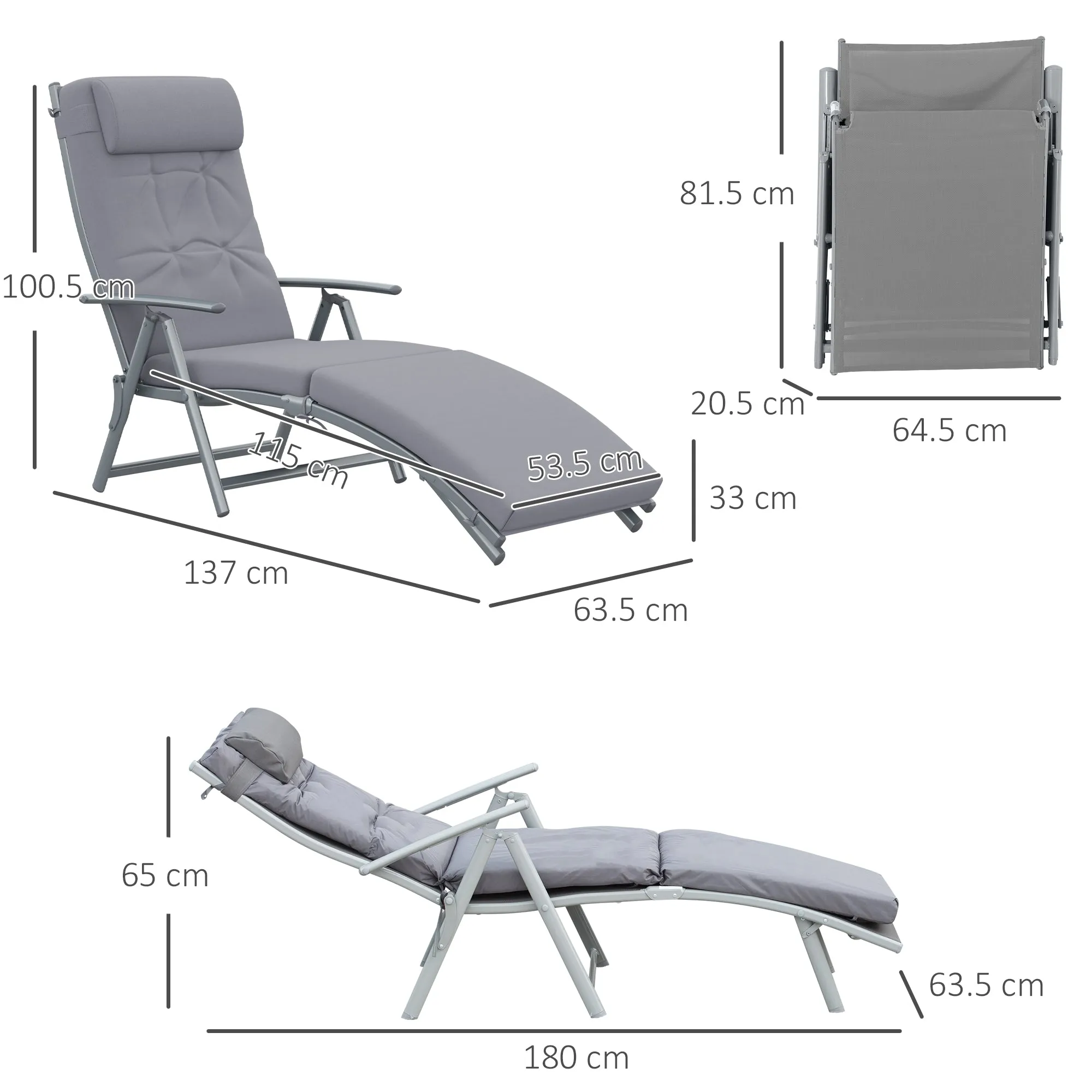 Sun Lounger Steel Frame Outdoor Folding Chaise Texteline Lounge Chair Recliner with Headrest & 7 Levels Adjustable Backrest, Grey