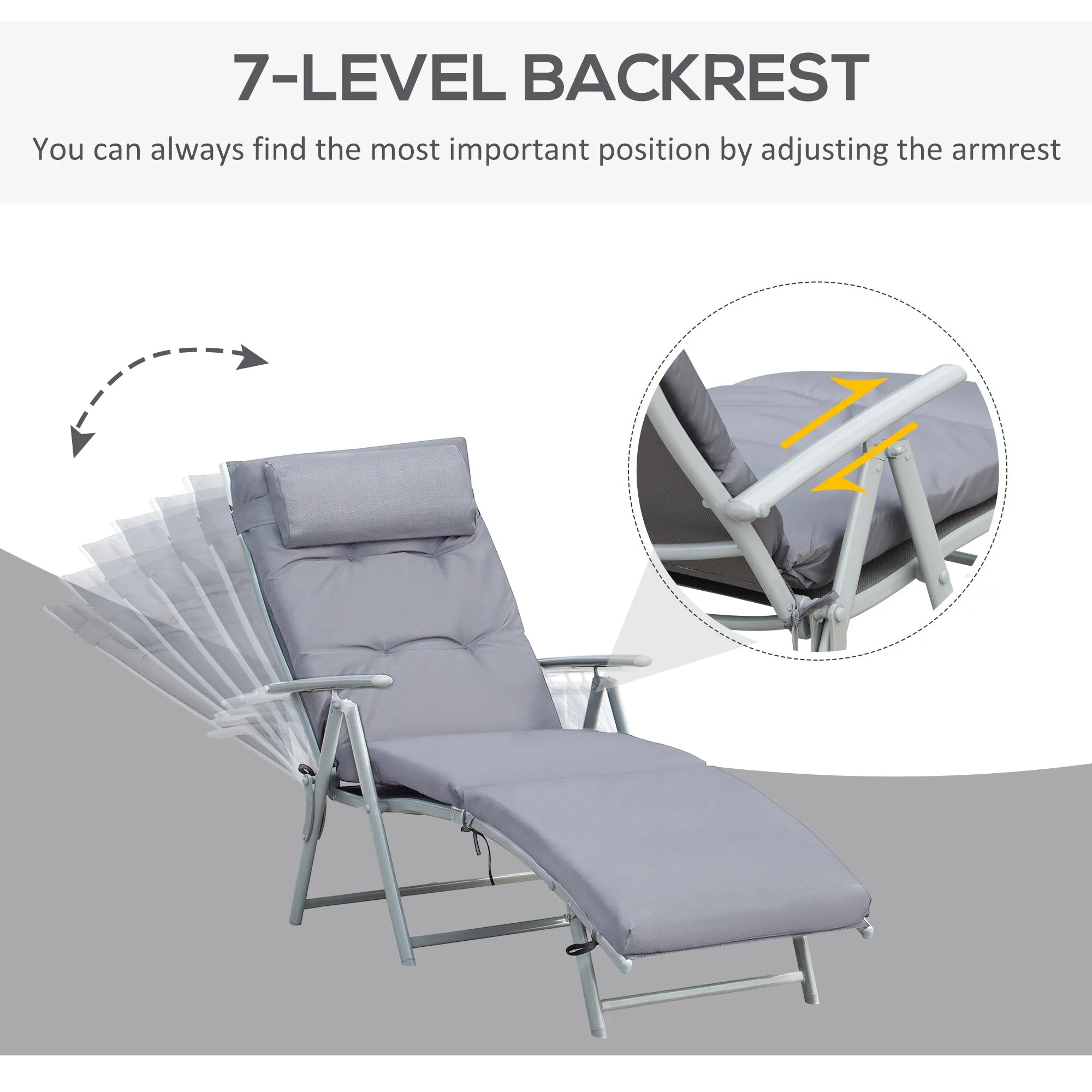 Sun Lounger Steel Frame Outdoor Folding Chaise Texteline Lounge Chair Recliner with Headrest & 7 Levels Adjustable Backrest, Grey