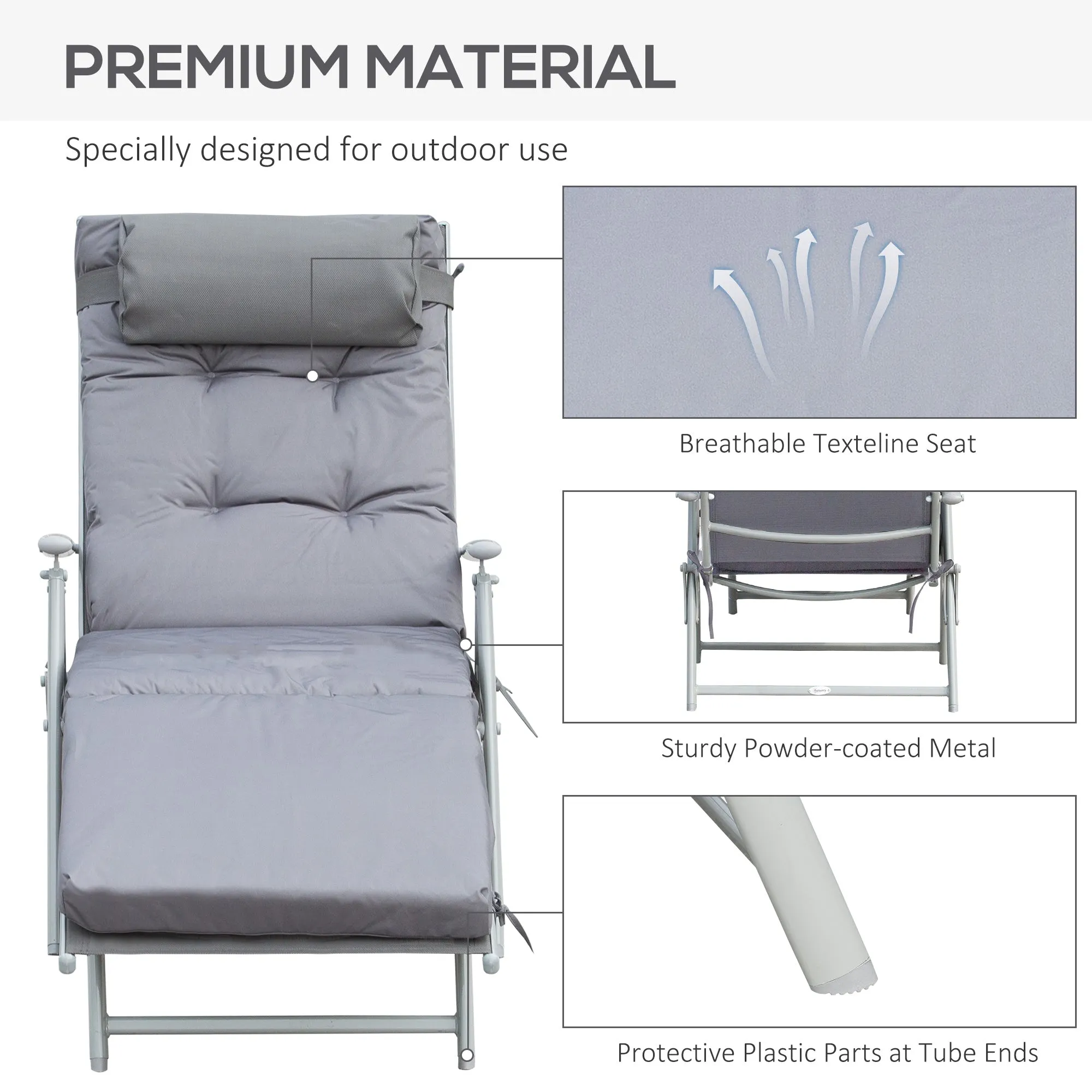 Sun Lounger Steel Frame Outdoor Folding Chaise Texteline Lounge Chair Recliner with Headrest & 7 Levels Adjustable Backrest, Grey