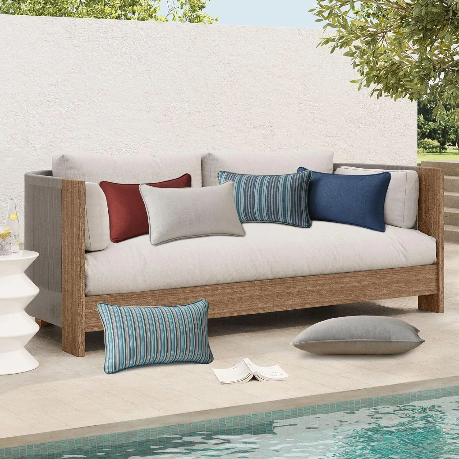 Sunbrella Decorative Outdoor Waterproof Throw Pillows with Inserts, Set of 4, 20" x12" Pillows for Patio, Backyard, Bed, Couch, and Patio Furniture, Specrtum Indigo
